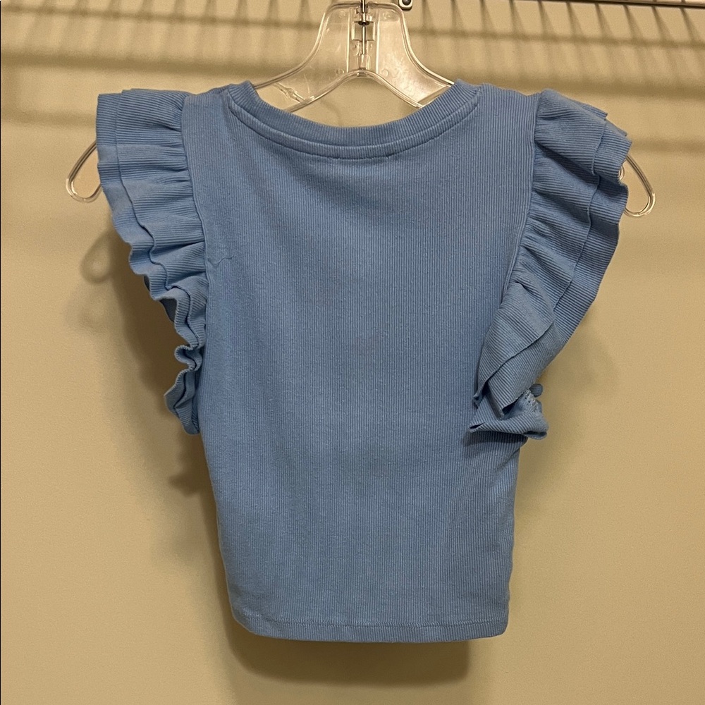 Zara Ribbed Blue Ruffled Sleeve Crop Tee - Picture 3 of 3